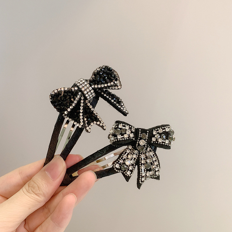 网红同款甜美气质精致高档手工钉珠水钻小蝴蝶结黑发夹bb夹刘海夹