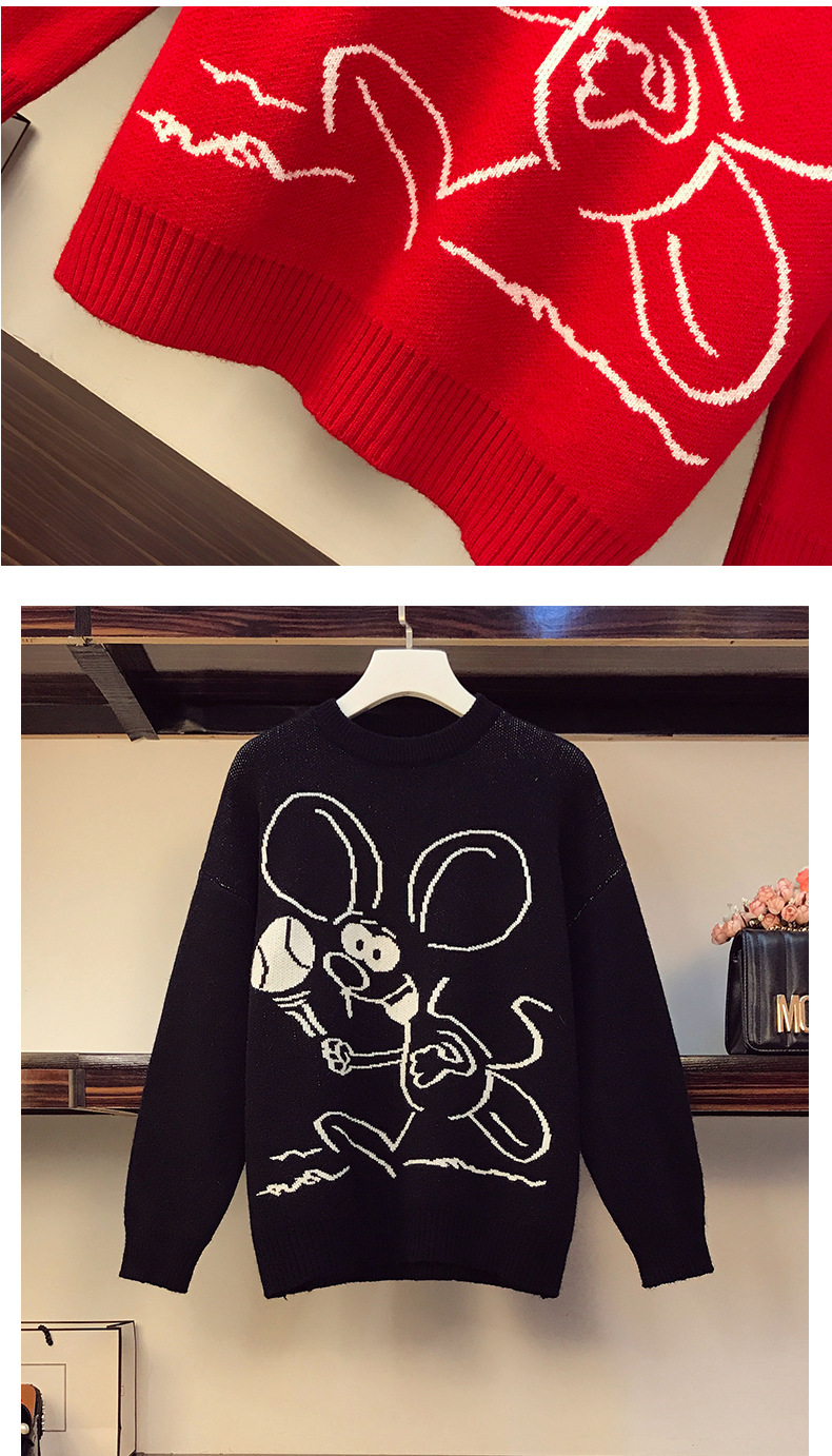 大码女装秋冬新款老鼠图案慵懒风韩版宽松上衣针织毛衣打底衫