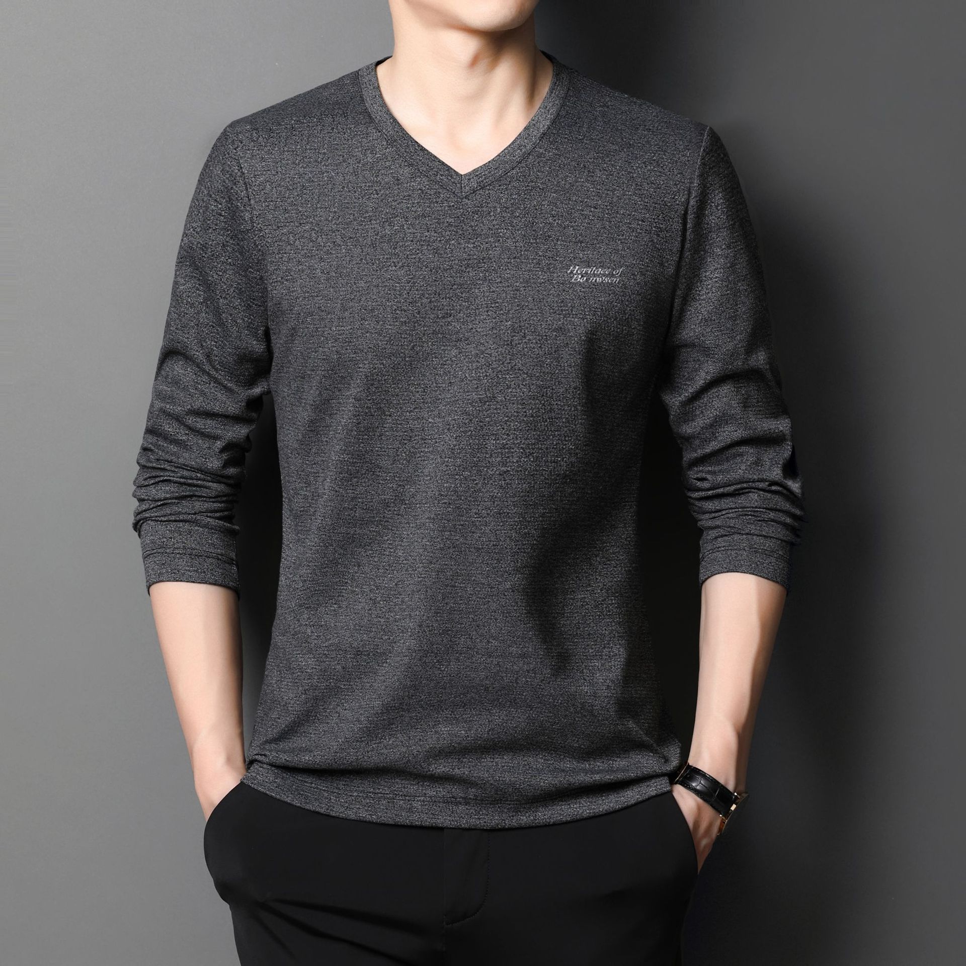 长袖t恤男2021春秋季薄款v领男士休闲衣服时尚体恤 男装打底衫t恤