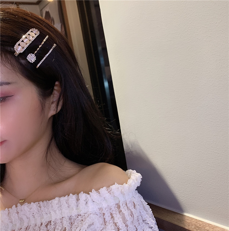 South Korea Dongdaemun Hair Accessory Full Diamond Barrettes Three-Piece Set Opal Hairpin Internet Influencer Hair Clip Bang Clip