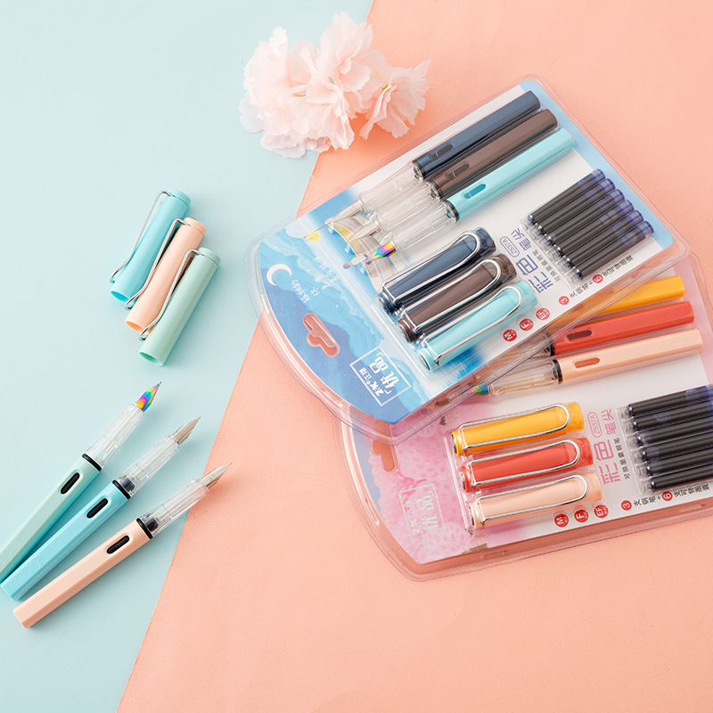 正翔钢笔直液式换墨囊钢笔小学生书写钢笔套装3支钢笔加6可替墨囊