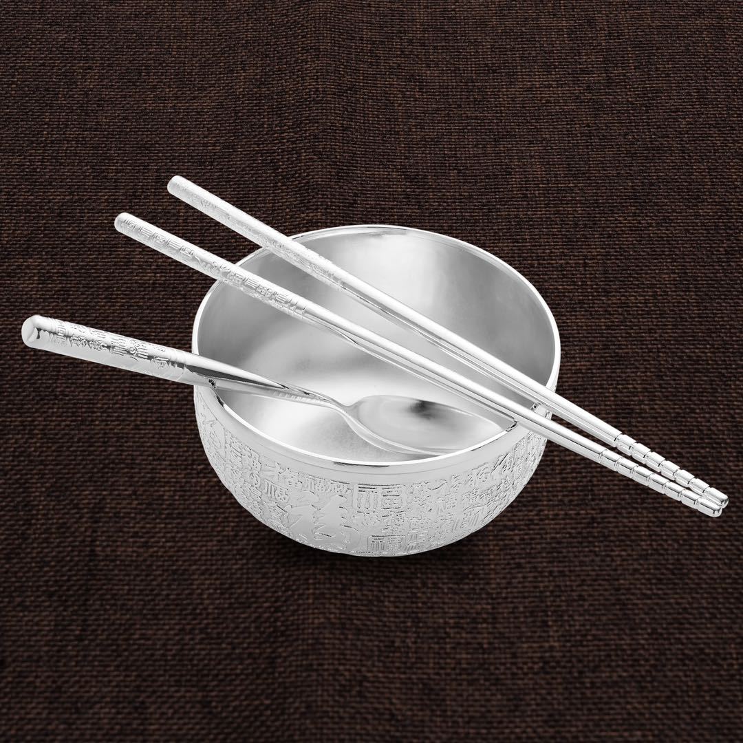 厂家新品镀银工艺品百福碗银碗筷三件套百福银碗 银碗筷 直播爆款-阿