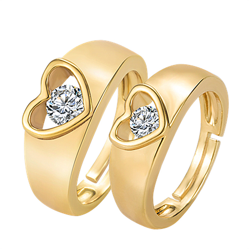 镀黄金情侣戒指一对男女款 时尚韩版镶钻心形对戒 仿真金结婚戒指