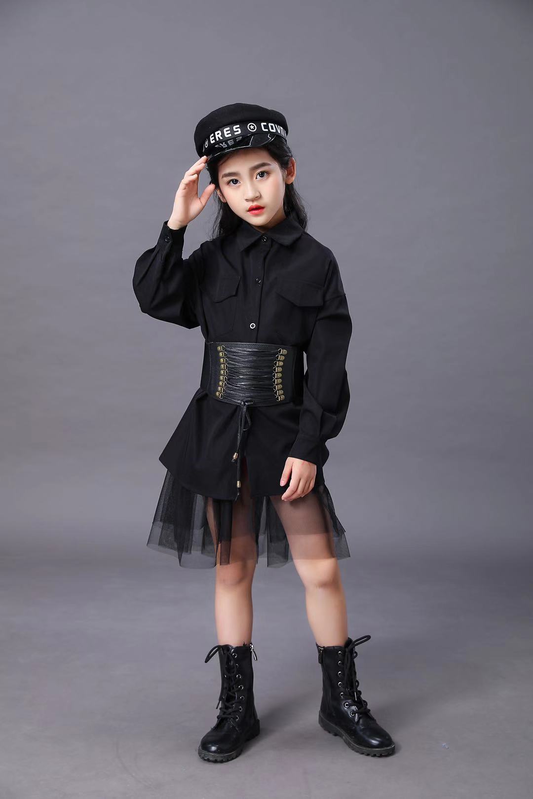 儿童黑色套装女童模特比赛t台时尚走秀服装礼服六一演出西服潮夏