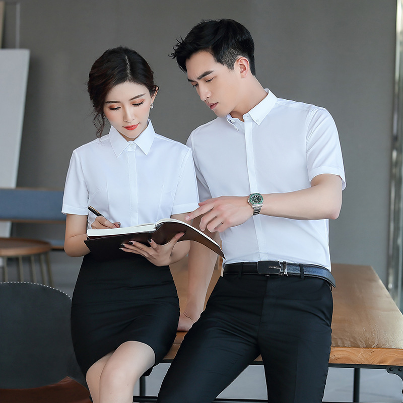 短袖情侣职业装衬衫蓝色衬衫职业装男女同款学院职场白领打底衫