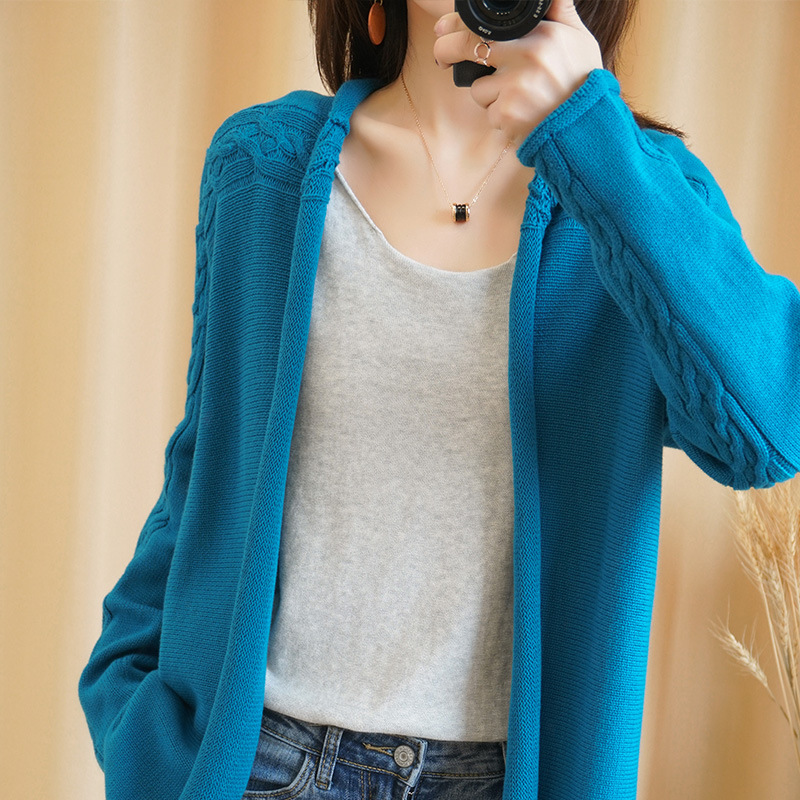 针织扭花开衫女上衣外套中长款宽松无扣开衫2020春夏棉线防晒衫
