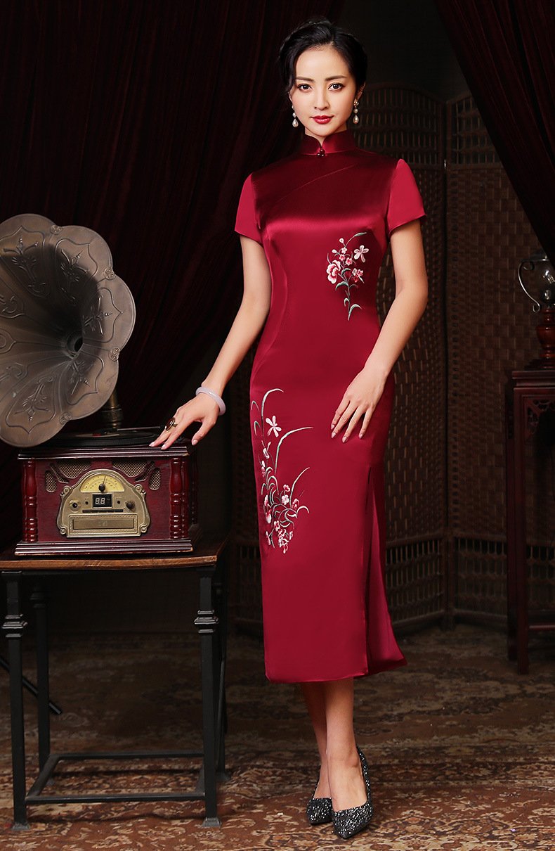 上海旗袍厂lhs-2012新款酒红色妈妈装旗袍裙婚宴婚礼大码改良刺绣旗袍