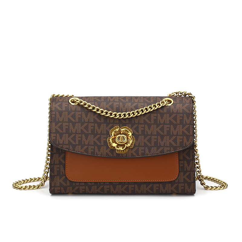 mk f包包女2021新款链条小方包复古印花山茶花包单肩时尚斜挎女包