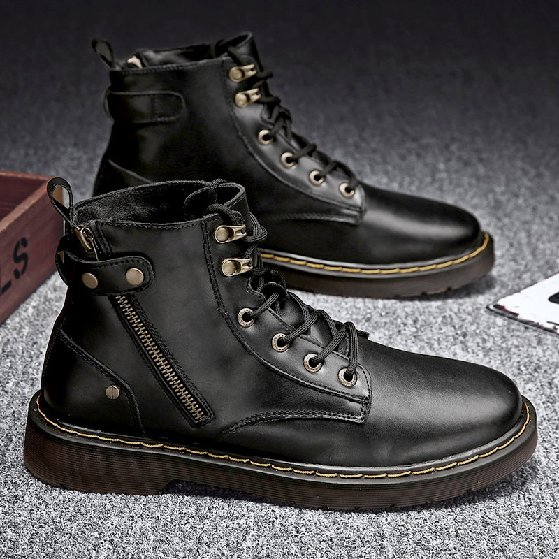 跨境秋冬高帮港风走秀鞋男士靴子皮面休闲鞋潮流时尚马丁靴加绒鞋