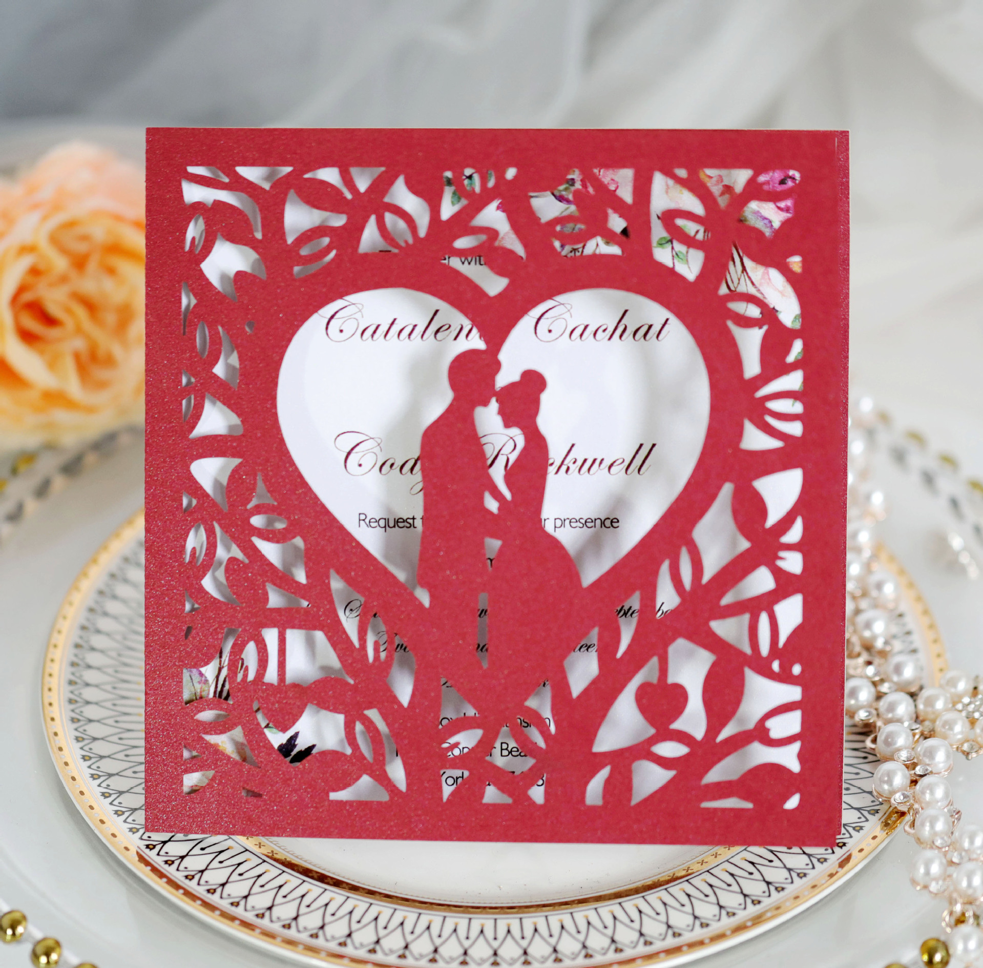 销亚马逊 奶白爱心婚礼贺卡 激光镂空欧式请柬 结婚邀请函 批发