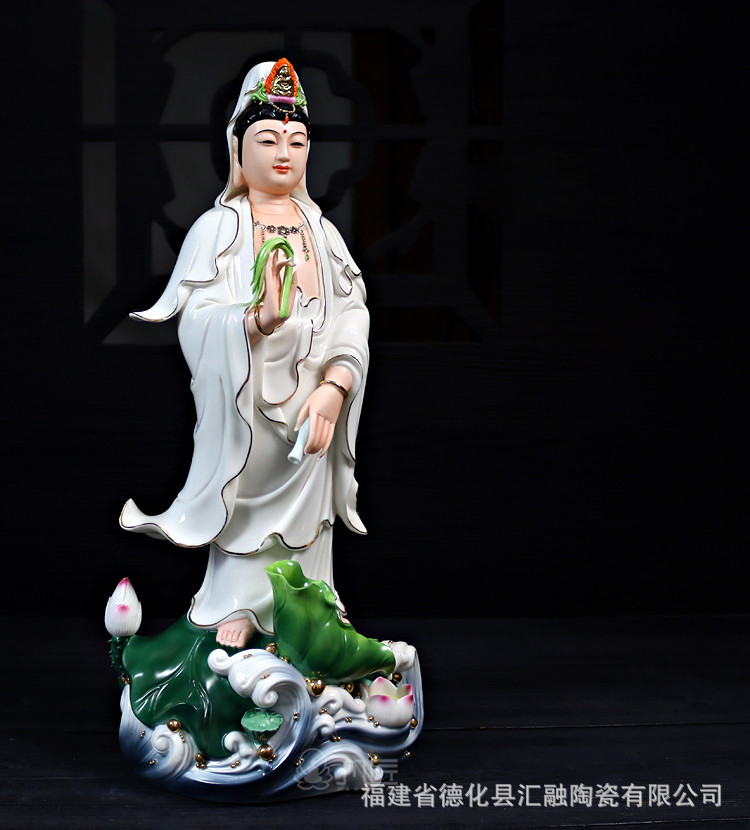 白瓷描金立荷水浪滴水观音像 立式菩萨佛像家居工艺品摆件瓷器