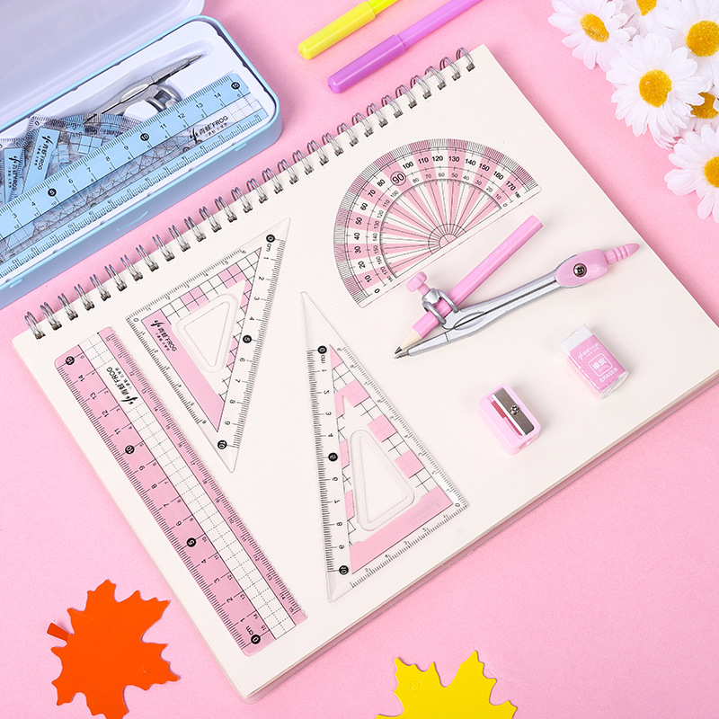 Metal Compass Ruler 7-Piece Set Exam Drawing Tools Special Student Stationery Cartoon Multifunctional Compasses Set