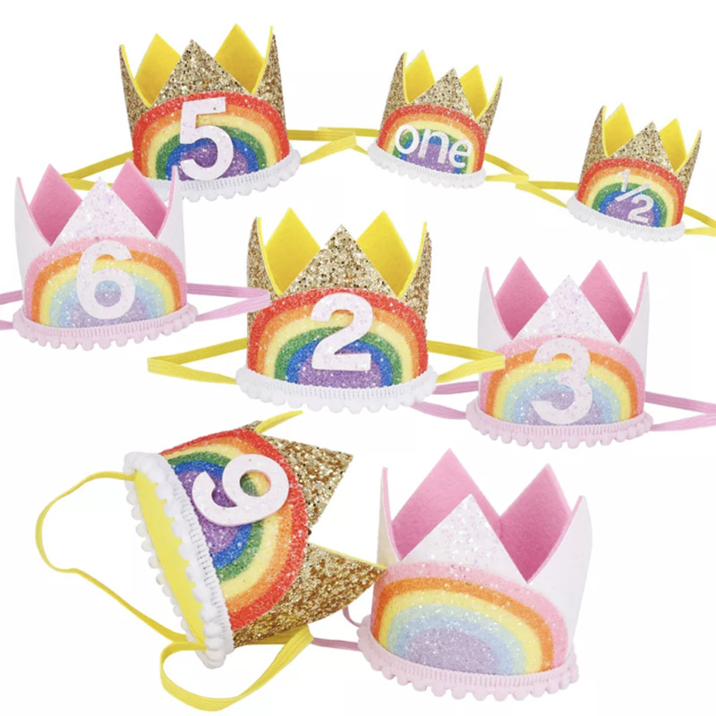Baby 100 Days Old One Year Old Birthday Hat Rainbow Crown Digital Gold Powder Hat Children's Party Decoration Photo Props