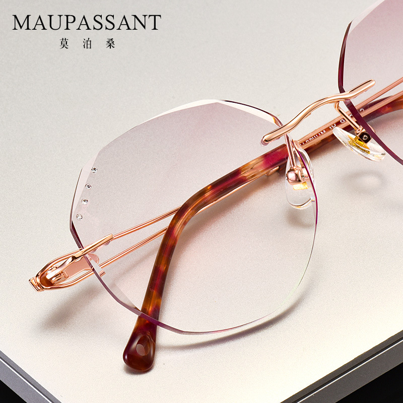 莫泊桑无框渐变色钻石切边镶钻女士款潮超轻纯钛有度数配近视眼镜