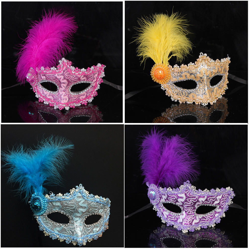 新爱莎儿童万圣节装扮面具羽毛蕾丝面具高档女童彩绘公主面具面罩