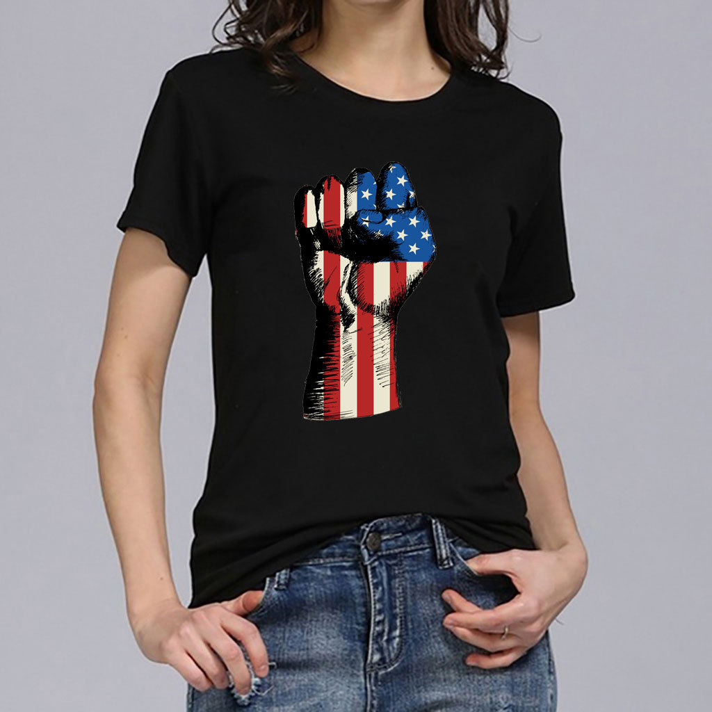 wish 欧美女式圆领街头潮流新品 美国拳头样式涤棉t恤