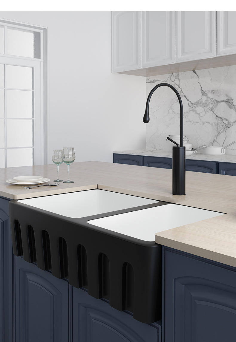 美式陶瓷洗菜盆厨房洗碗盆大号前置水槽嵌入式橱柜单槽双槽盆黑色