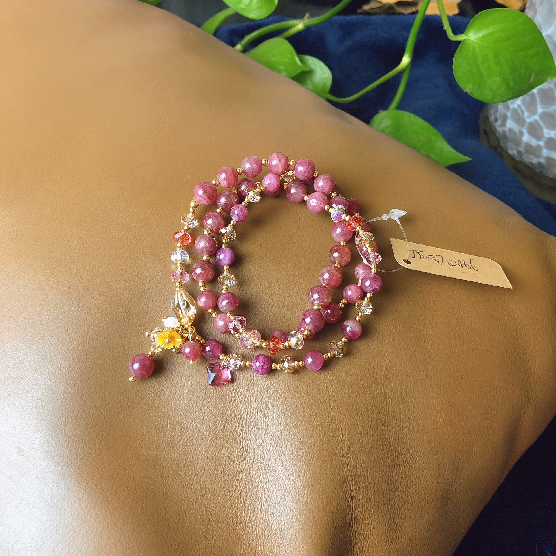 粉色西瓜碧碧玺手串手链女三圈直播奥地利水晶小众水晶饰品彩宝