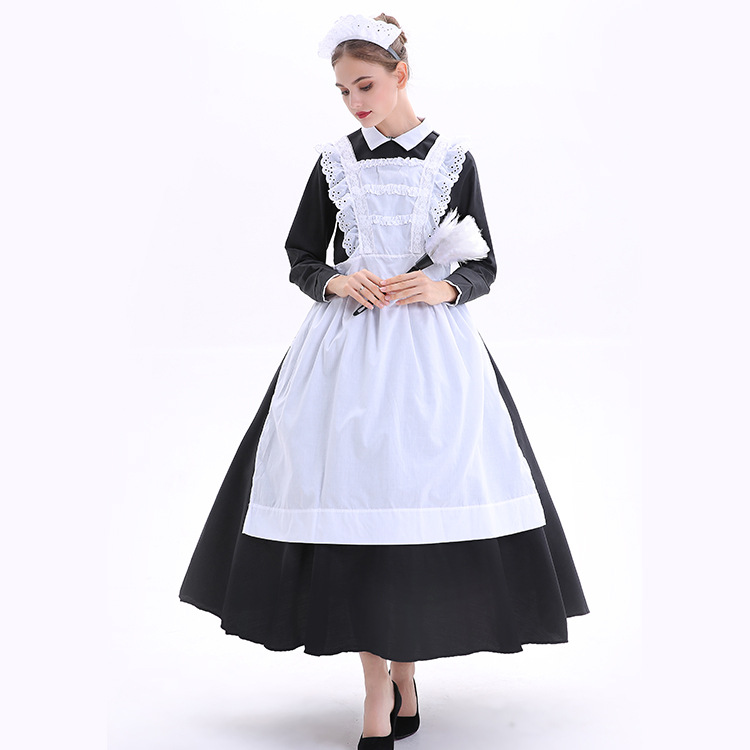 大码欧美长款咖啡厅女仆装珍珠线黑白女佣菲佣角色扮演万圣节服装