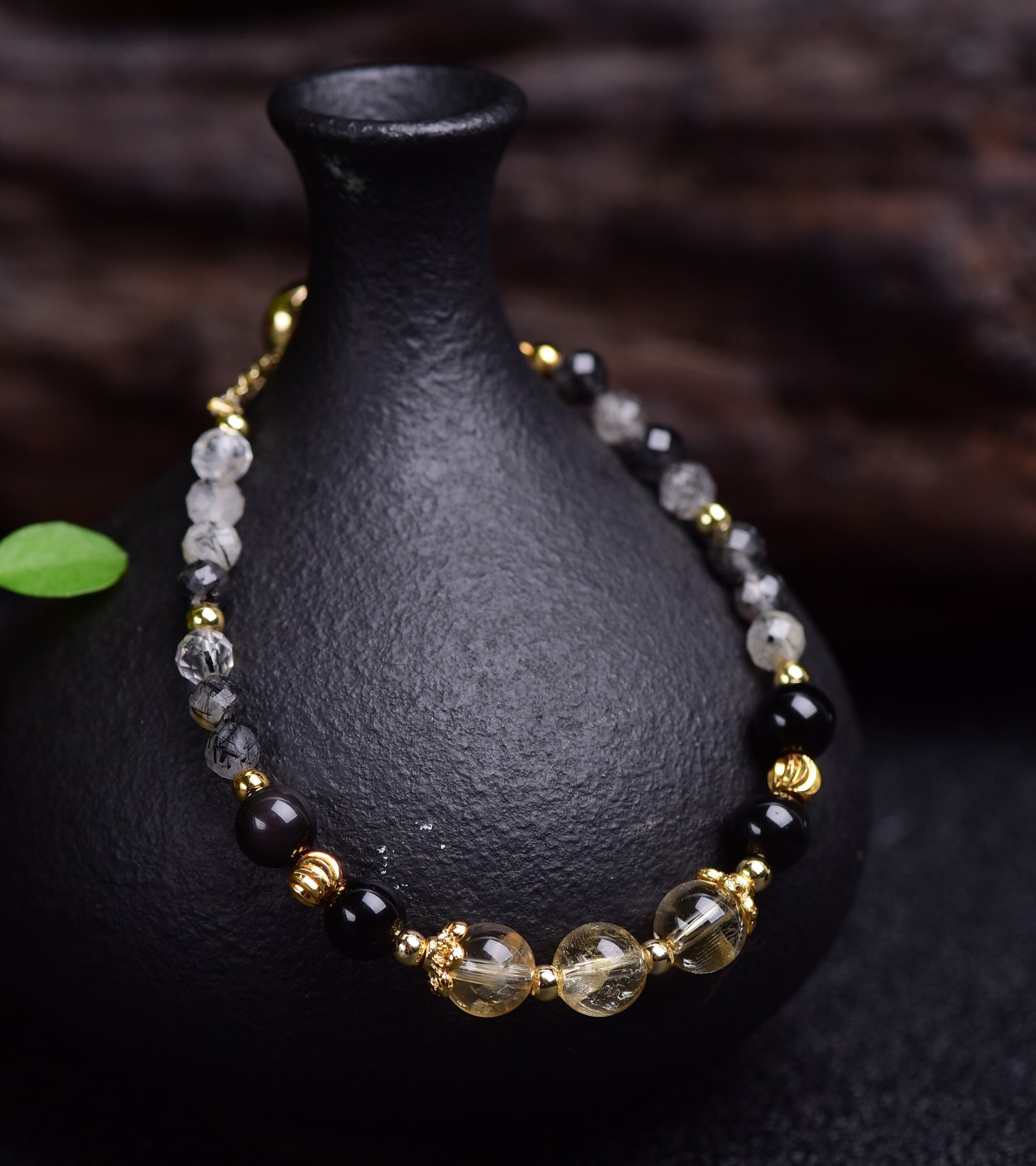 天然黑发晶单圈手链金发晶黑曜石女款饰品手串14k包金银饰配件