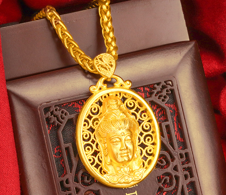 越南沙金观音菩萨佛像吊坠镀24k金古法项链首饰复古节日礼品批发
