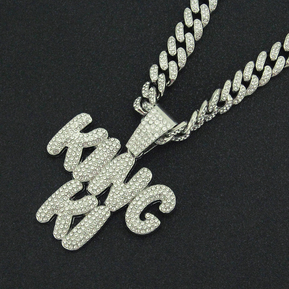 欧美嘻哈满钻拼接字母吊坠古巴链项链 hiphop说唱男士宽款锁骨链