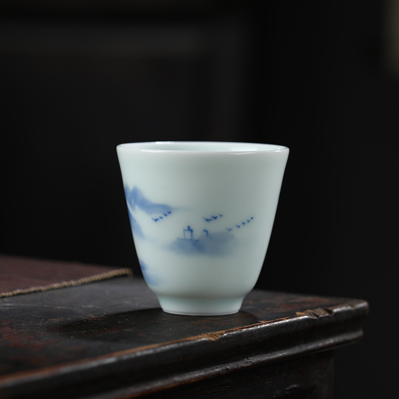 釉上玉泥玉瓷青花山水小茶杯单杯 景德镇手工品茗杯 功夫茶具