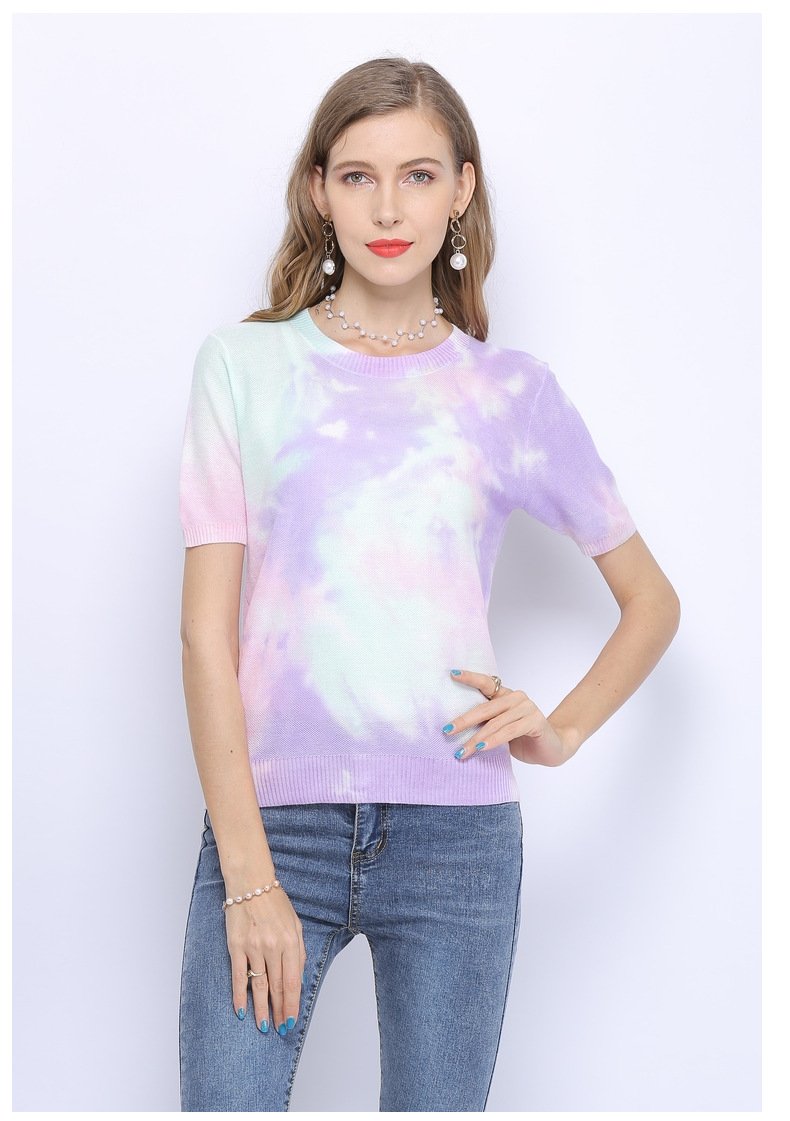 扎染时尚韩版个性针织衫 2020夏季新款少女超仙撞色彩虹渐变上衣