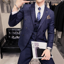 2021春装新款韩版修身男士双排扣条纹西服三件套商务休闲西装套装