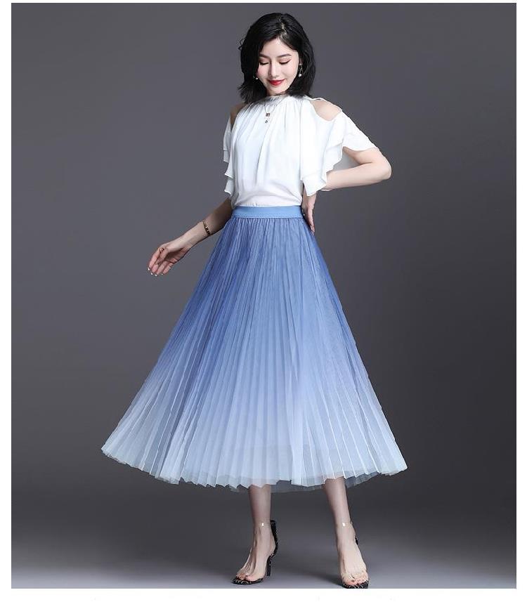 小清新半身裙子女夏网纱裙长裙浅蓝色夏装大摆双层裙子粉红色时尚