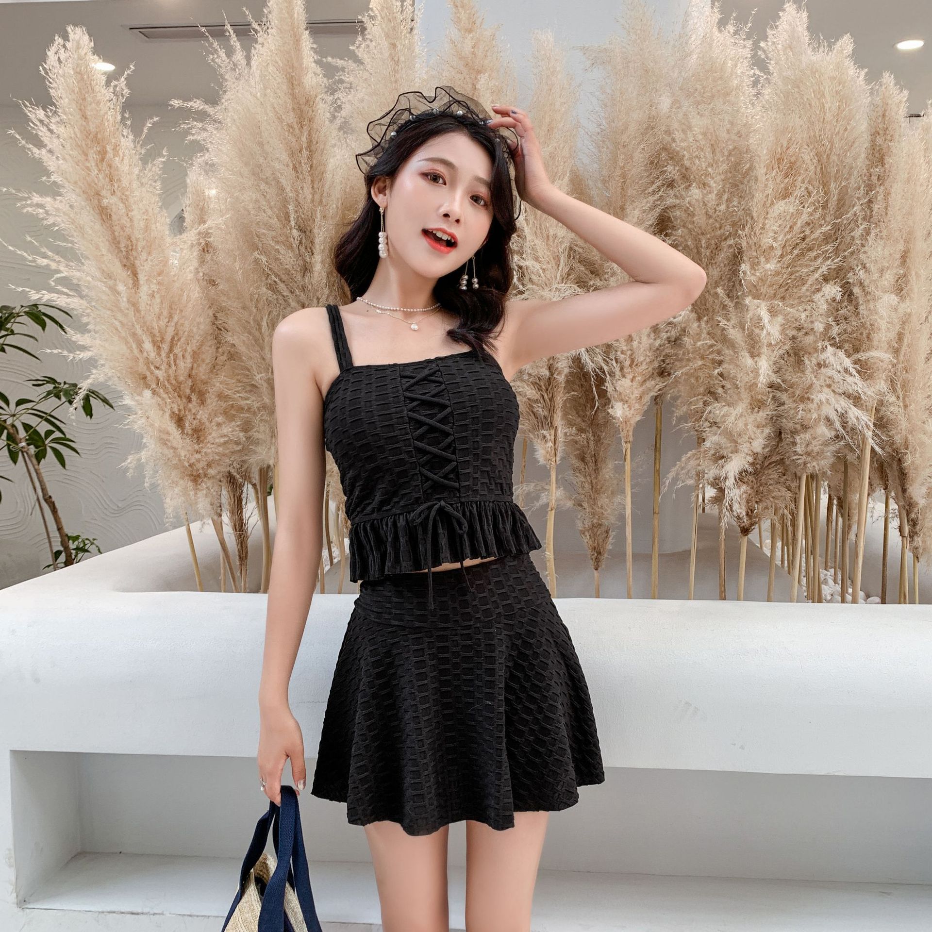 纯色吊带分体泳衣女裙式两件套小清新少女性感裹胸高腰显瘦泡温泉