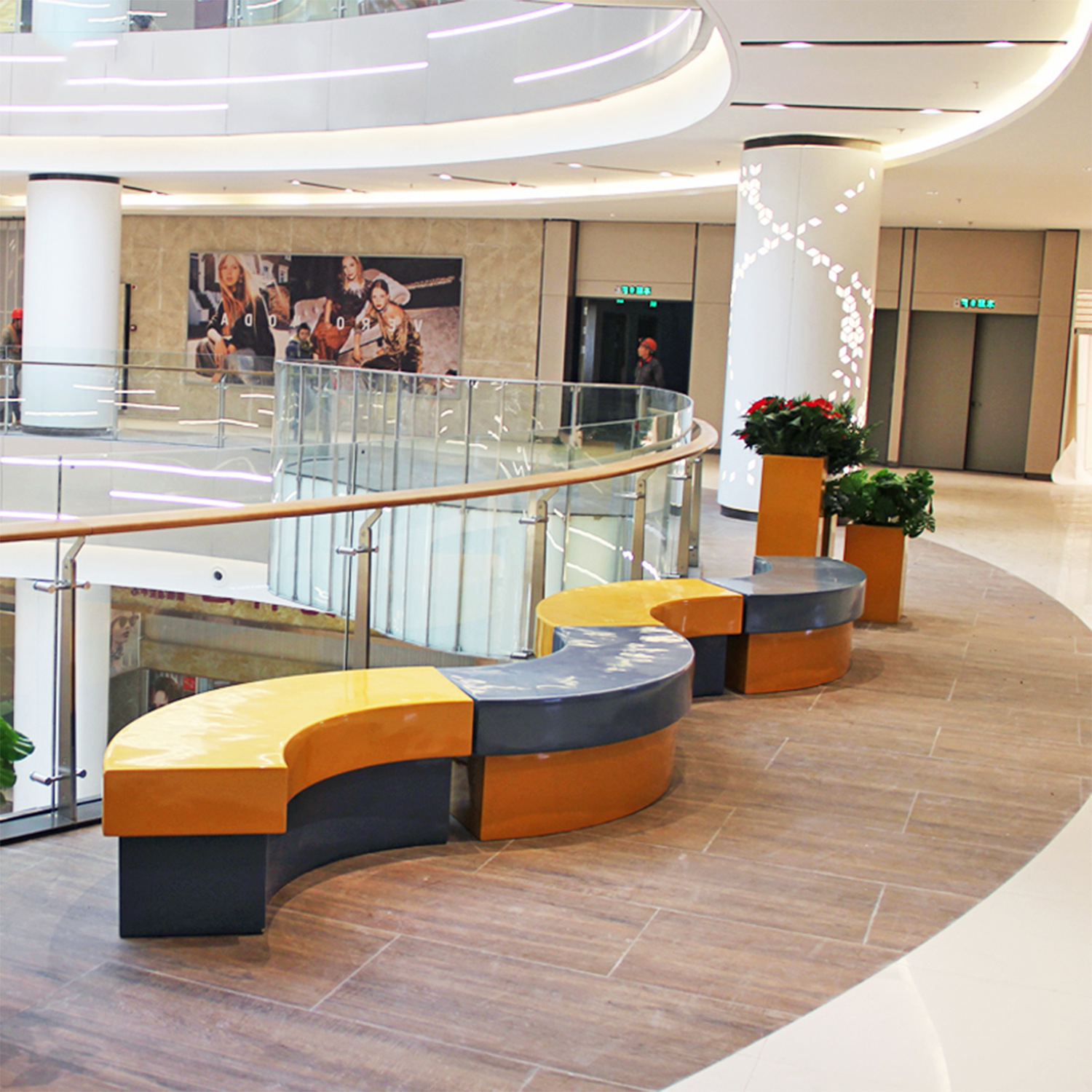 玻璃钢树池休闲椅商场休息区弧形创意木纹酒店大堂组盒花盆坐凳