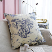 帆布法式蓝色抱枕套复古印花靠垫沙发艺术样板房装饰靠枕腰枕