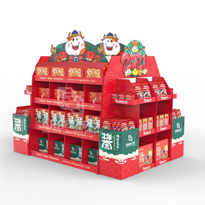 源头厂家新年超市礼品促销纸堆头 春节年货纸地堆纸展示架定制