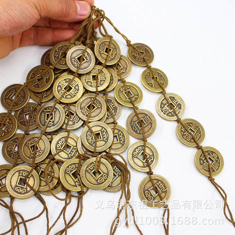 仿古铜钱加厚清朝五帝纯铜铜钱麻绳串铜钱满文五帝铜钱串花币铜钱