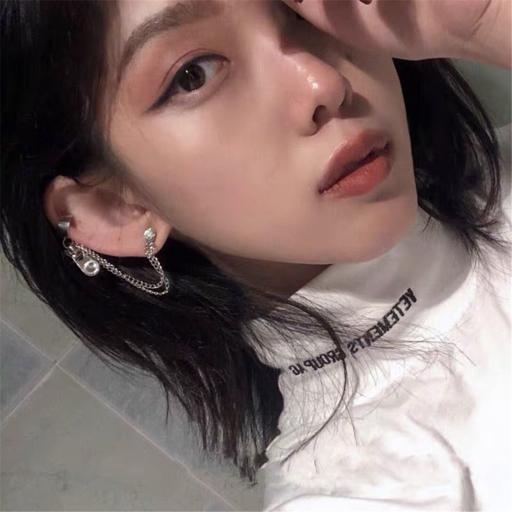 冷淡风东大门嘻哈土酷女孩拉链链条水钻耳夹耳环朋克少女蹦迪耳环
