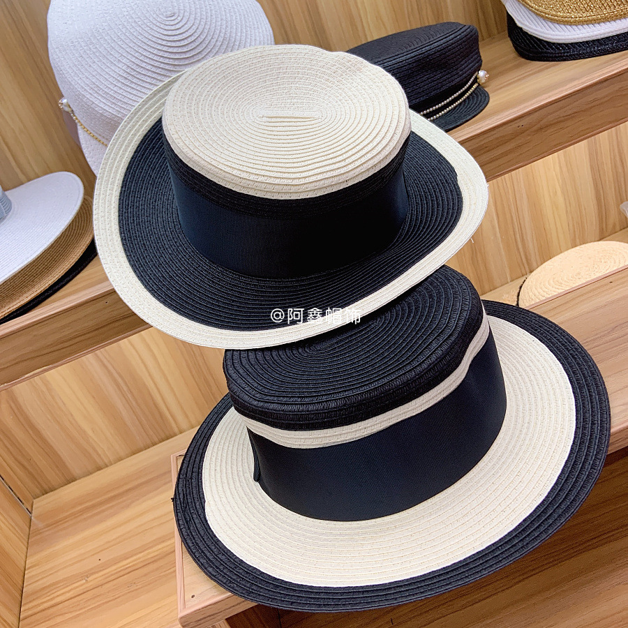 阿鑫帽饰春夏新款韩版小香风平顶宽沿帽黑白色礼帽遮阳防晒草帽女
