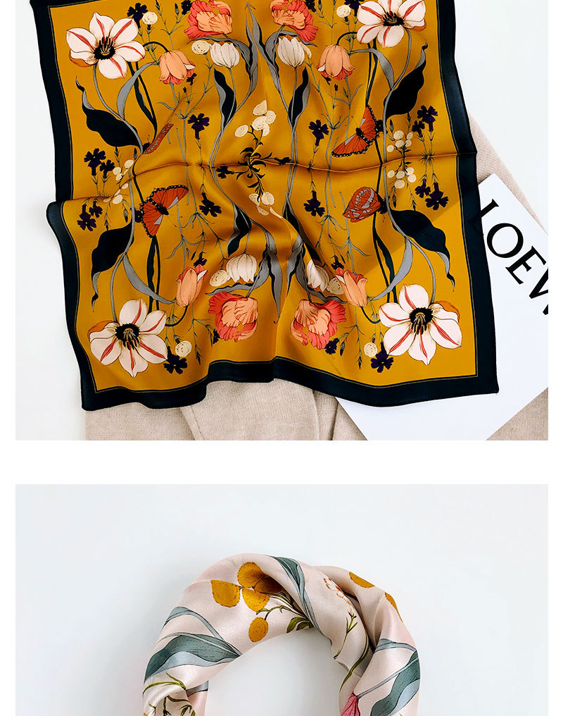 新款真丝小方巾女百搭春夏季对称花朵装饰韩版职业桑蚕丝小丝巾