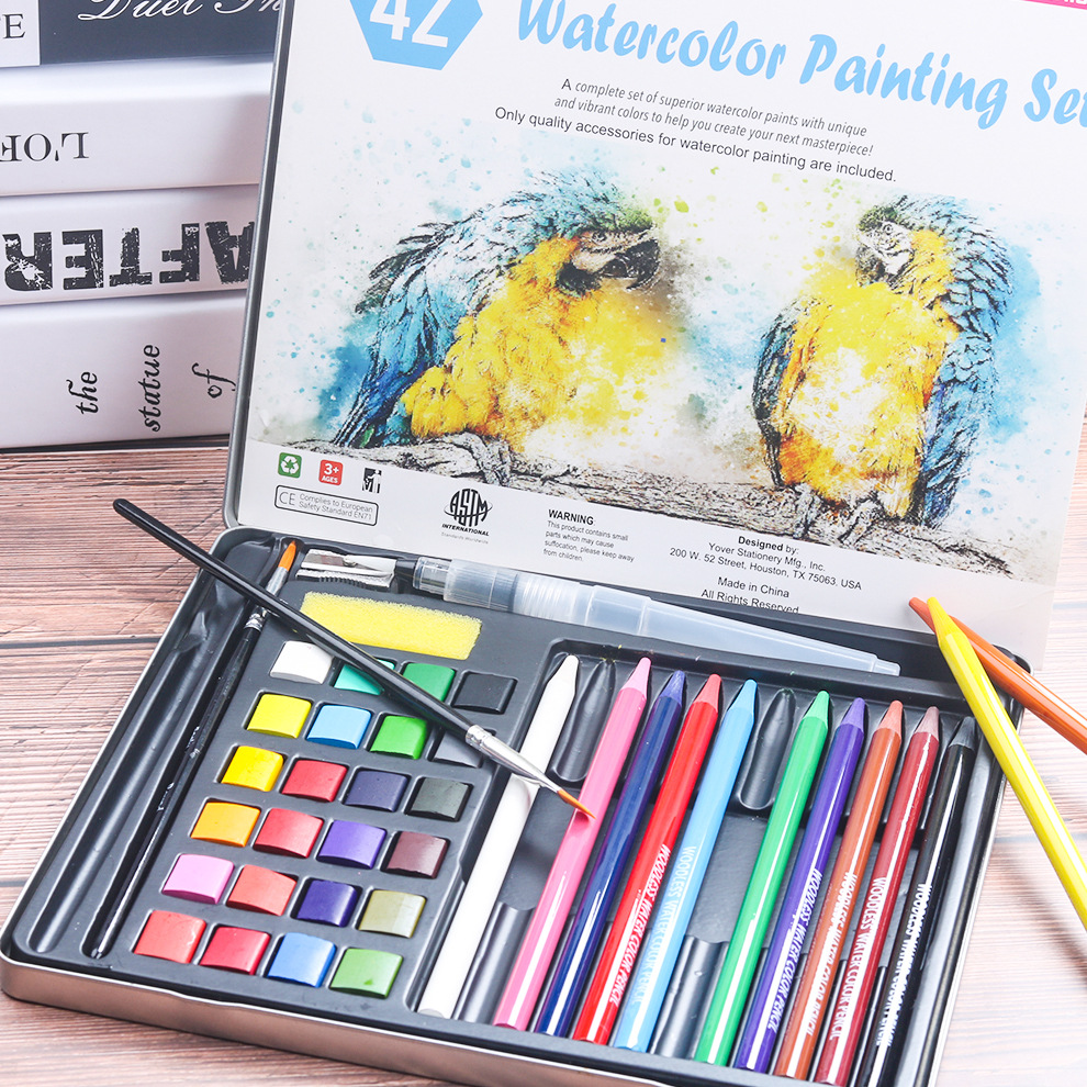 Cross-Border New Product 24 Solid Watercolor Paint Set Wood-Free Water Soluble Color Pencil 42 Pieces Watercolor Painting Kit