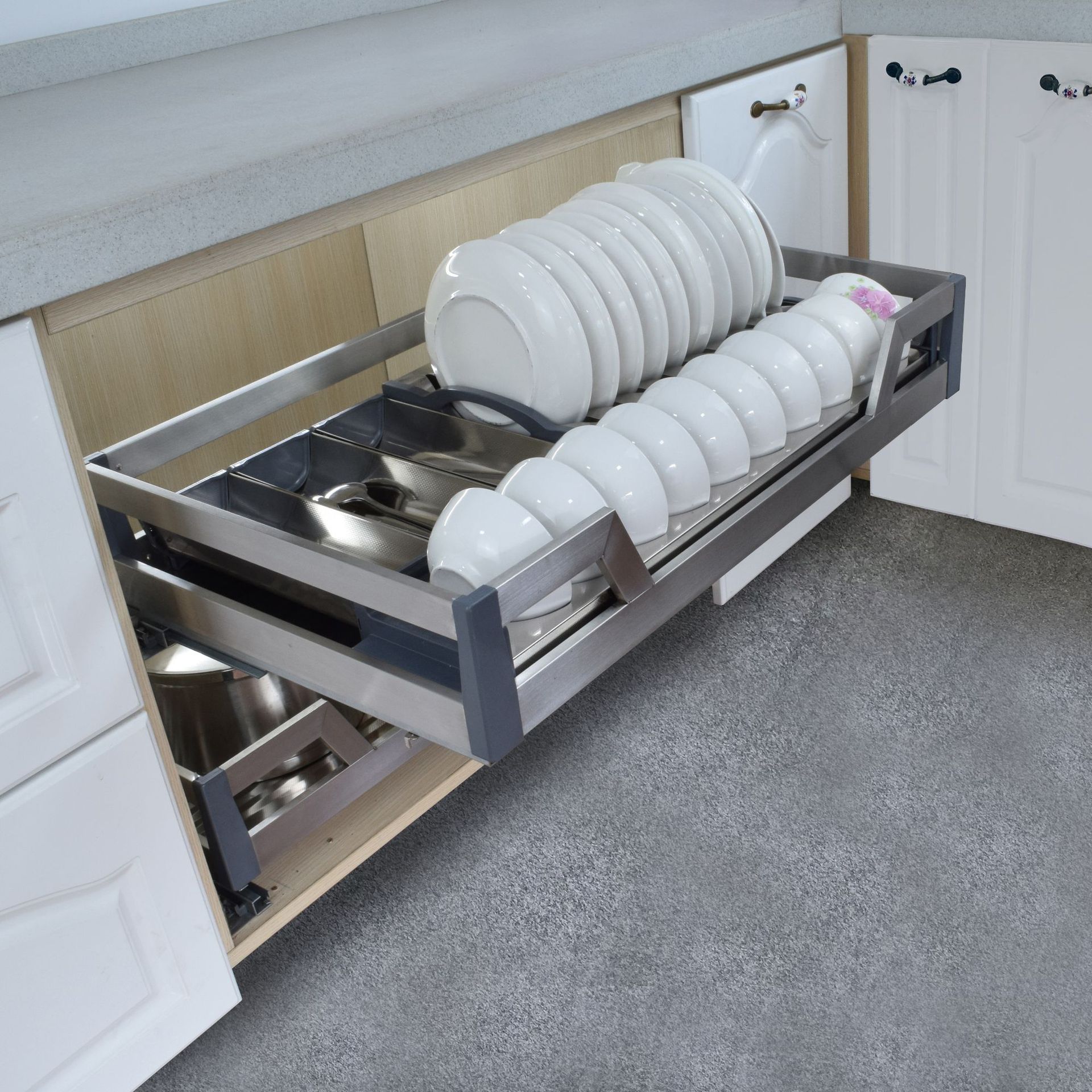 厂家直销四边不锈钢推拉式拉篮 厨房橱柜拉篮置物架平篮碗篮双层