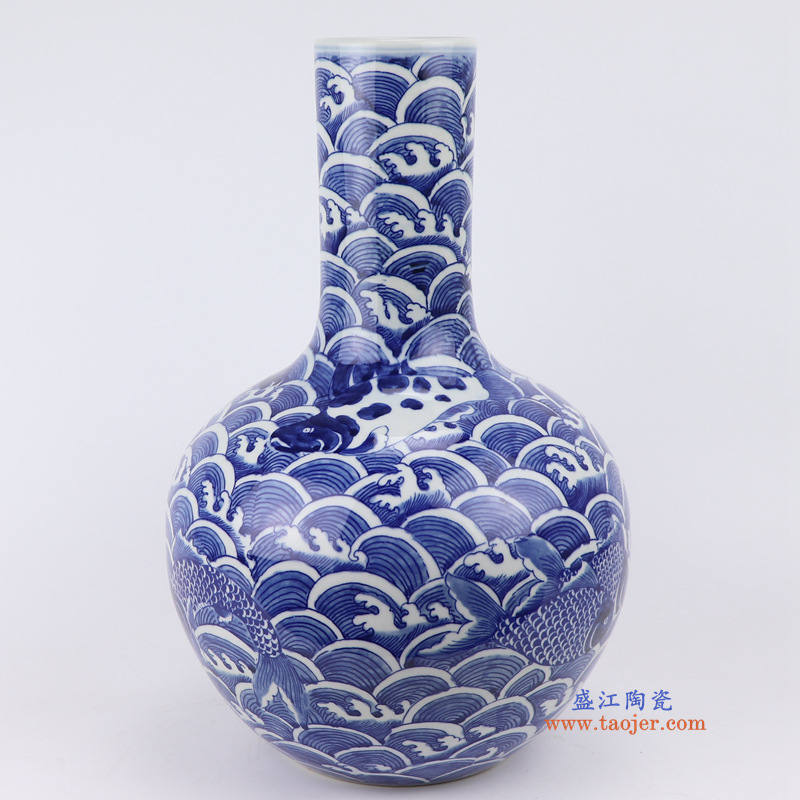 景德镇陶瓷青花瓷天球瓶海水鱼纹海浪纹花瓶家居装饰品客厅摆件