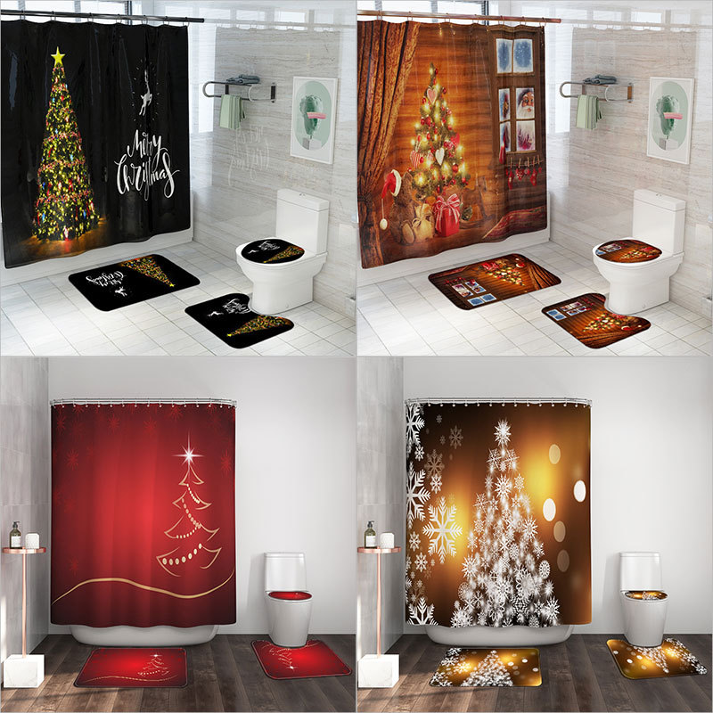 Foreign Trade New Christmas Tree Printing Shower Curtain Toilet Floor Mat Four-Piece Bathroom Carpet Set Hot Christmas