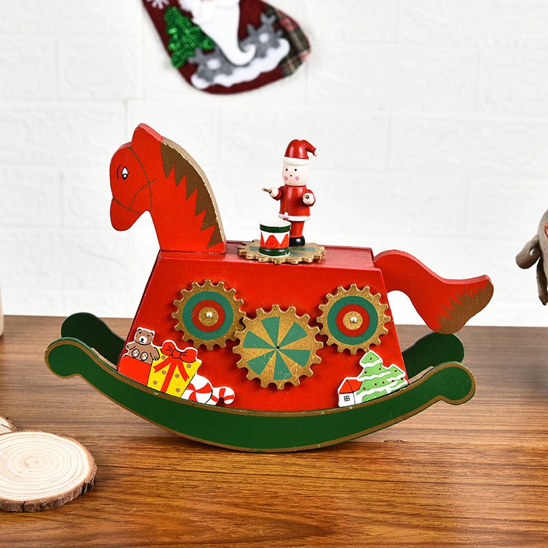 Christmas Decorations Wooden Music Box Hand-Rotating Children's Intelligence Toys Wooden Rocking Horse Music Box