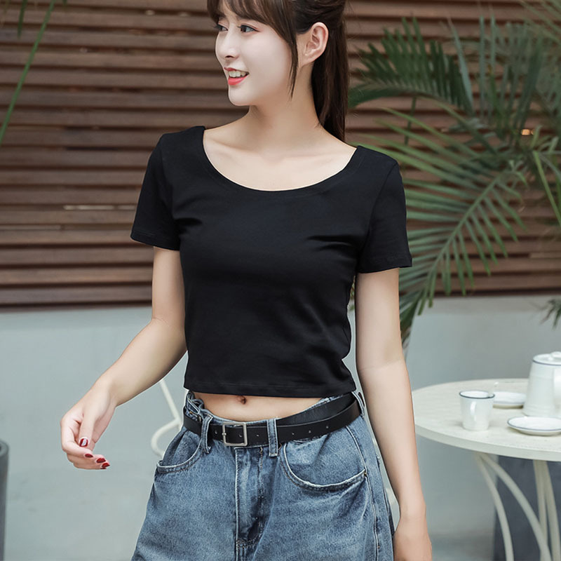 露脐短袖女夏韩版体恤漏肚脐短款黑色T恤紧身高腰上衣
