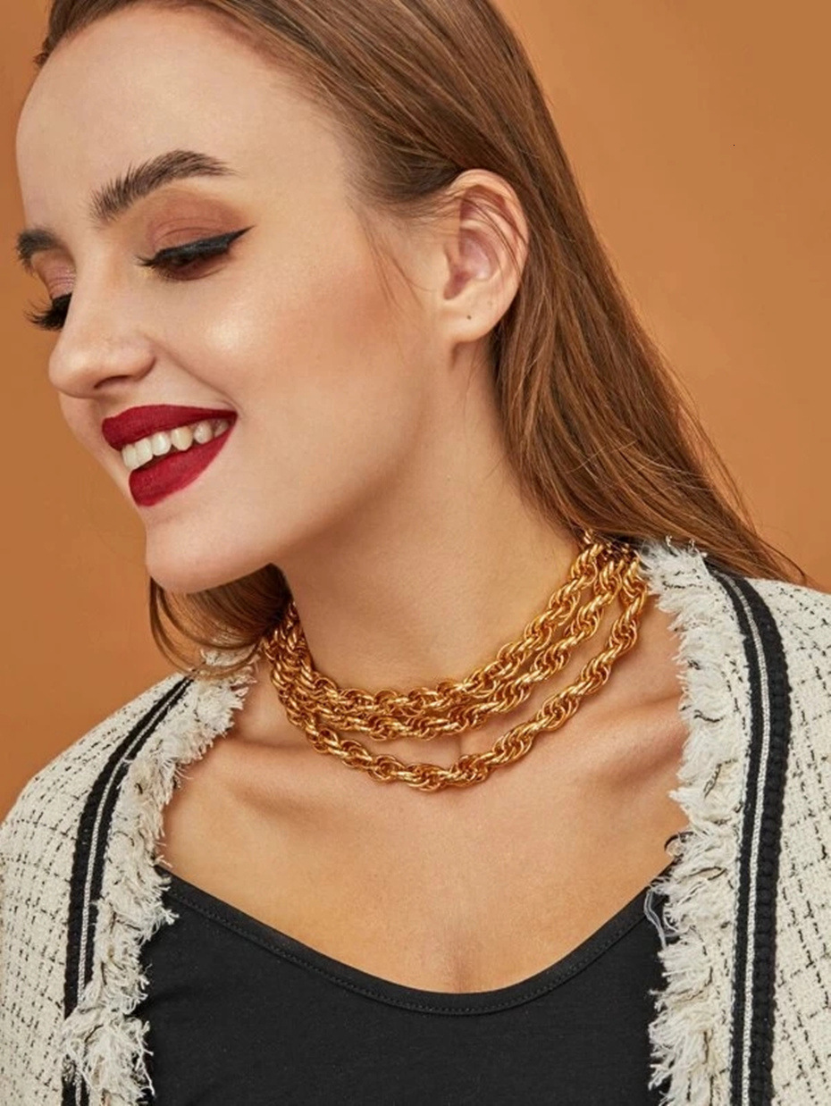 欧美复古多层麻花链条项链女士项圈朋克嘻哈颈链粗金链子夸张项饰