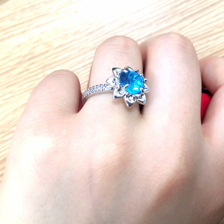 宝诗娜速卖通跨境热销时尚海蓝色宝石蓝莲花戒指个性时尚指环女