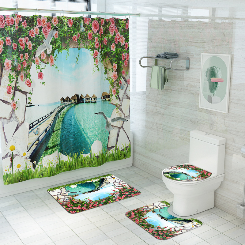 Exclusive for Cross-Border Summer Style Printing Toilet Floor Mat Four-Piece Beach Ocean Waterproof Shower Curtain DIY Pattern