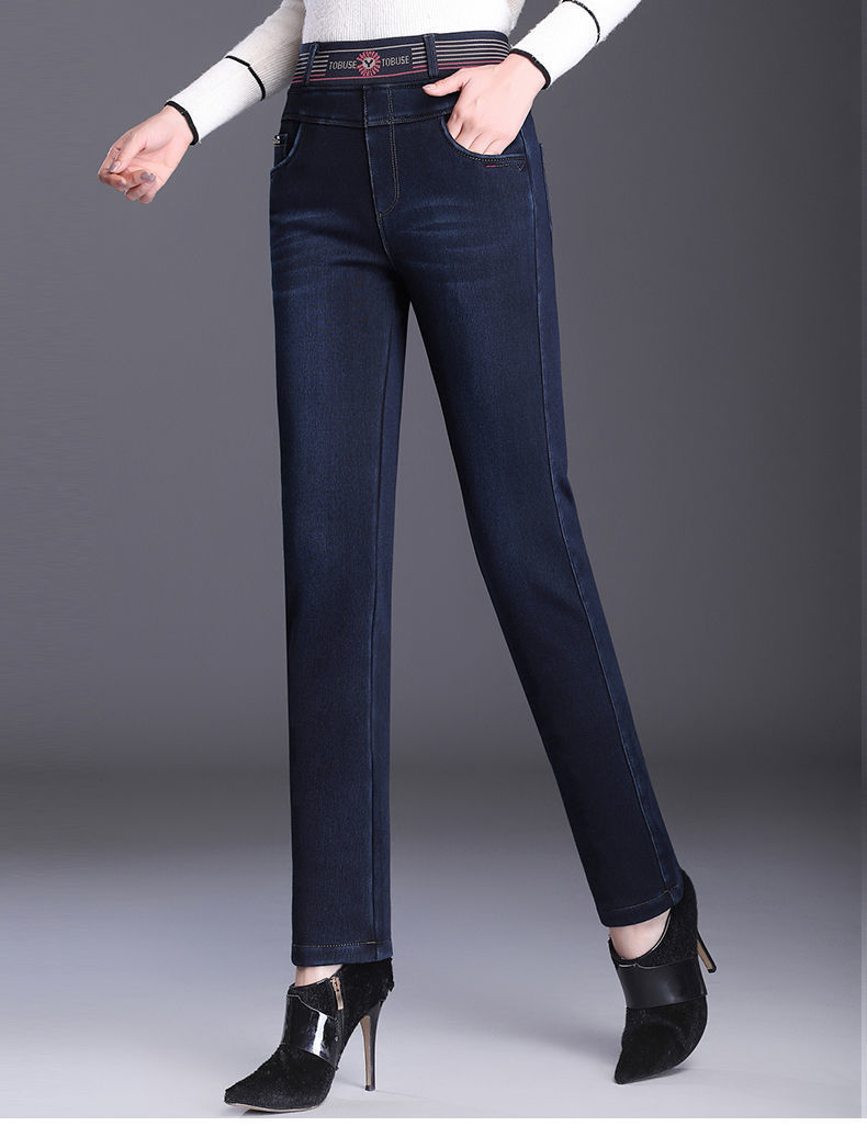 加绒牛仔裤女士高腰直筒长裤中年大码松紧腰中老年妈妈裤秋冬外穿