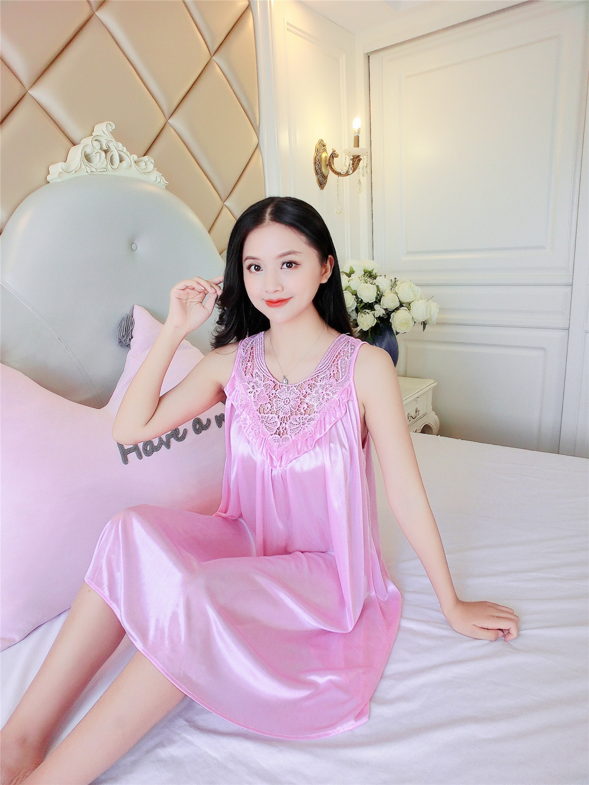 冰丝睡裙女蕾丝真丝睡衣夏丝绸性感吊带裙薄大码家居服