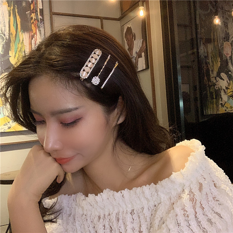 South Korea Dongdaemun Hair Accessory Full Diamond Barrettes Three-Piece Set Opal Hairpin Internet Influencer Hair Clip Bang Clip